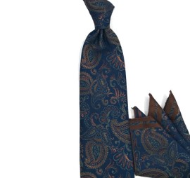 Lacivert Kahve Haki Yeşil Şal Desenli Mendilli Kravat 35026