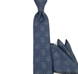 Soft Lacivert Gri Küçük Şal Desenli Mendilli Kravat 35100
