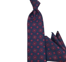 Lacivert Bordo Kırmızı Kare Desenli Mendilli Kravat 35105